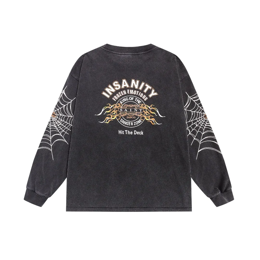 Saint Michael spider web splash ink VTG American high street washed loose long-sleeved base T-shirt Fabric: 260g Style number: SM18 Size: S-M-L-XL Color: Black Price: P156
